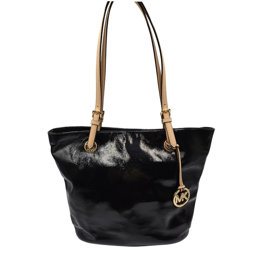 Michael Kors Black Patent Leather Shoulder Tote Bag MK Charm Gold Hardware
